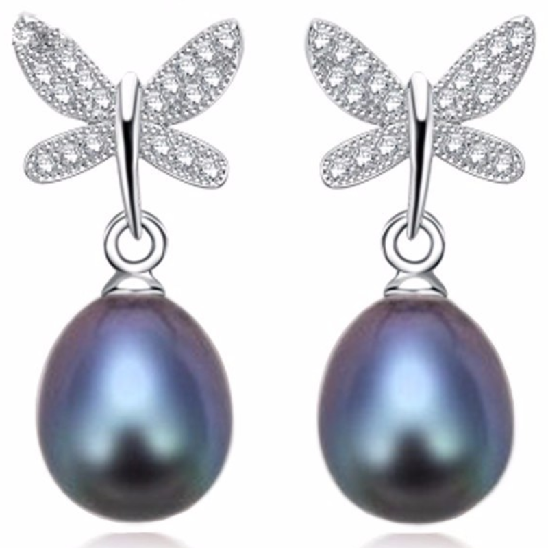 Korea Creative Butterfly 925 Silver Natural Pearl Drop Earrings for Women