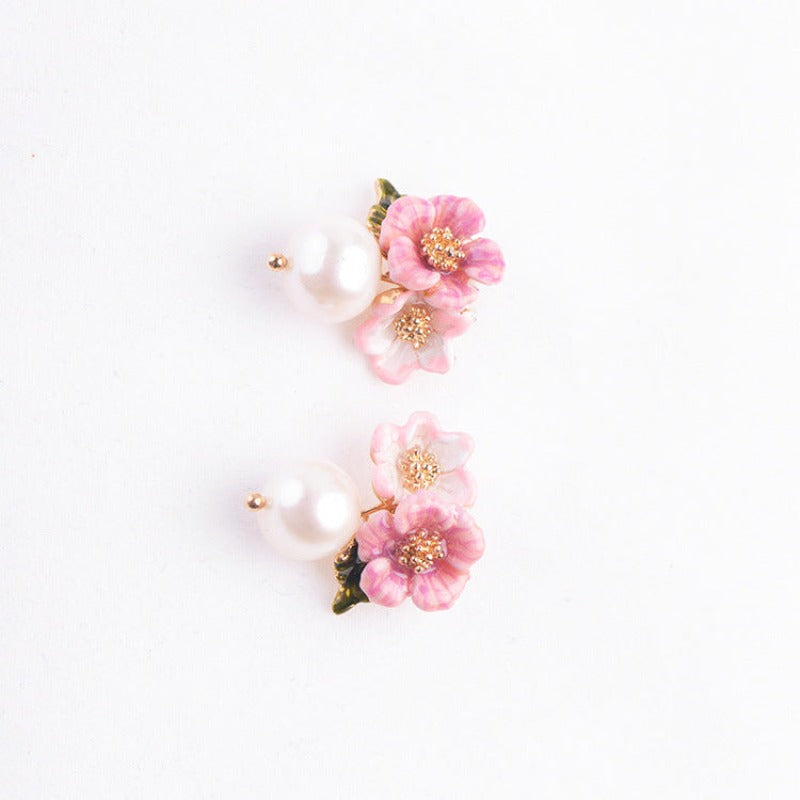 Elegant Enamel Flower Simulated Shell Pearl Earrings for Women