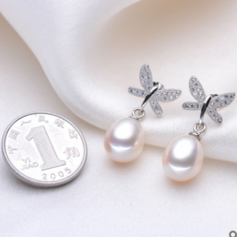 Korea Creative Butterfly 925 Silver Natural Pearl Drop Earrings for Women