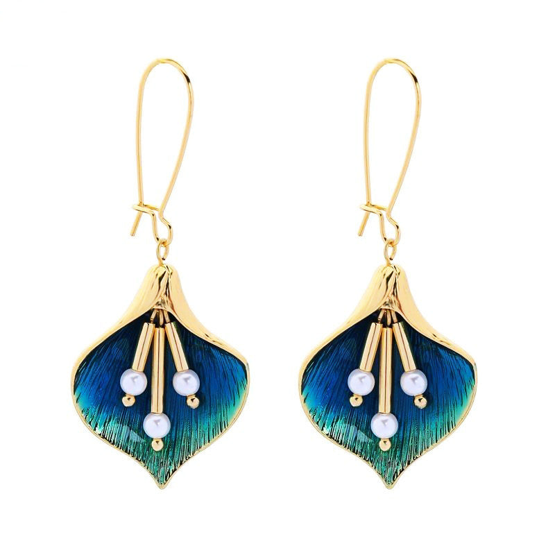 Gold Plated Flower Enamel Blue Dangle Earrings For Women