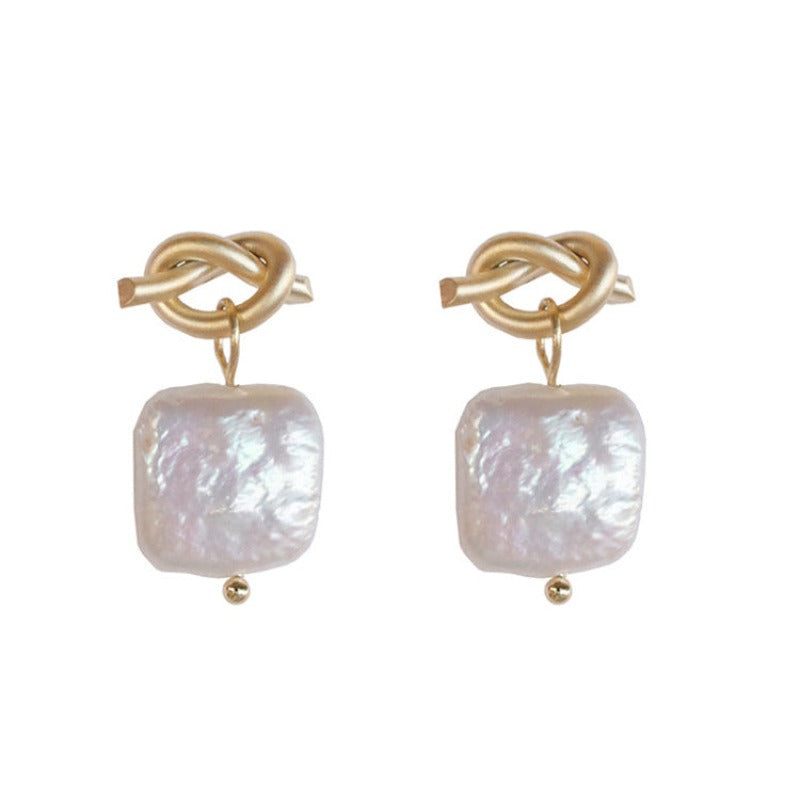 White Baroque Natural Pearl Square Earrings for Girls