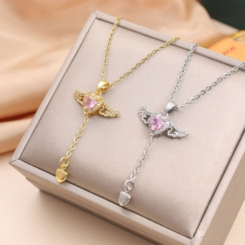 Pink Crystal Angel Wings Heart Pendant Necklace for Women