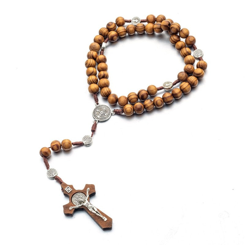 Religion Wood Rosary Beads Catholic Cross Necklace