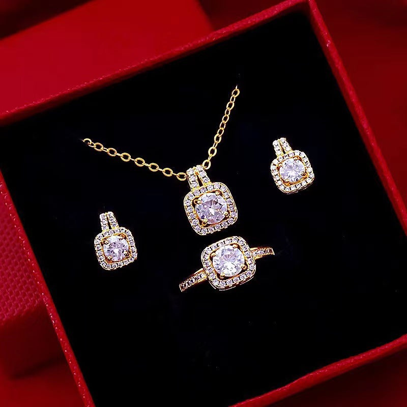 18K Rose Gold Plated Halo Cubic Zirconia Jewelry Set for Women