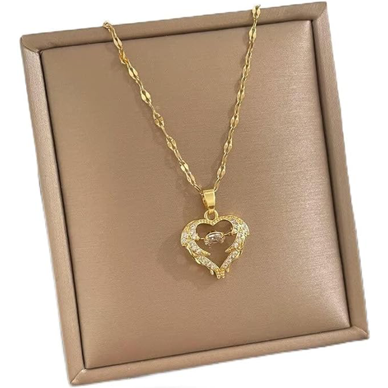 Stainless Steel Heart Wing Zircon Pendant Necklace For Women