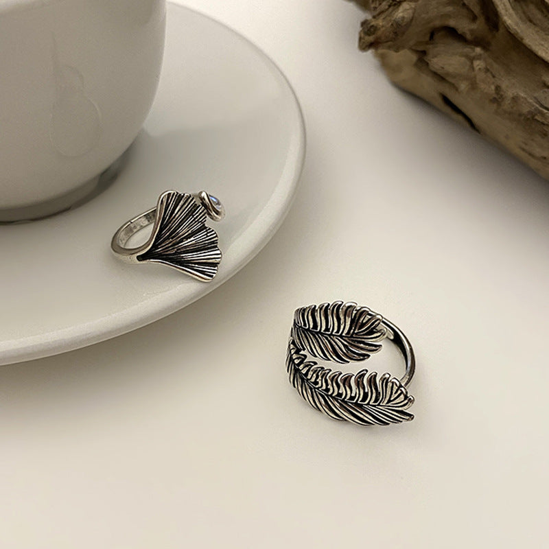 Creative Vintage Punk Feather Ginkgo Leaves Adjustable Opening Rings