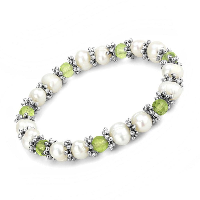 Antique Silver White Metal Bracelet with Synthetic Pearl in Peridot