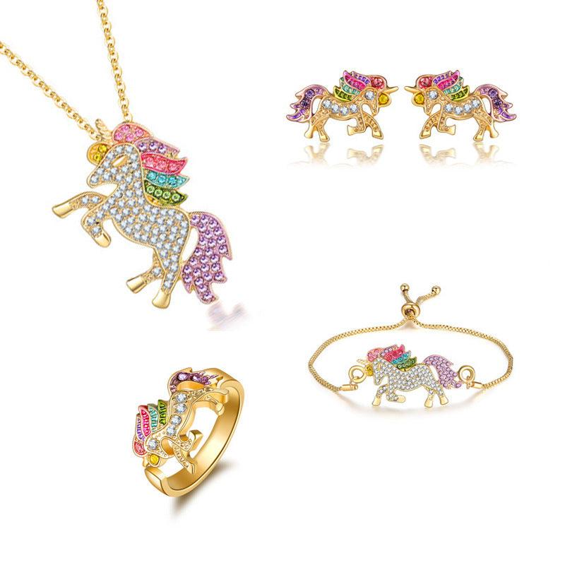 Fashion Cute Unicorn Ring Bracelet Necklace Ear Stud Set Colorful Diamond Inlaid Pony - Glowovy