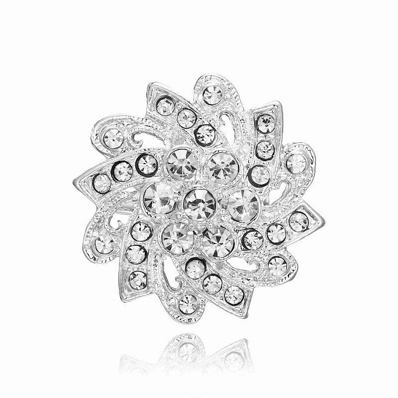 Crystal Silver Color Flower Round Brooches Women Elegant Pin