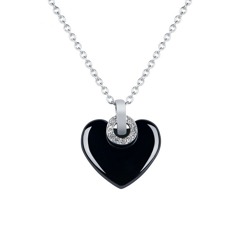  Heart Black White Pendant Necklace Jewelry One Crystal Circle