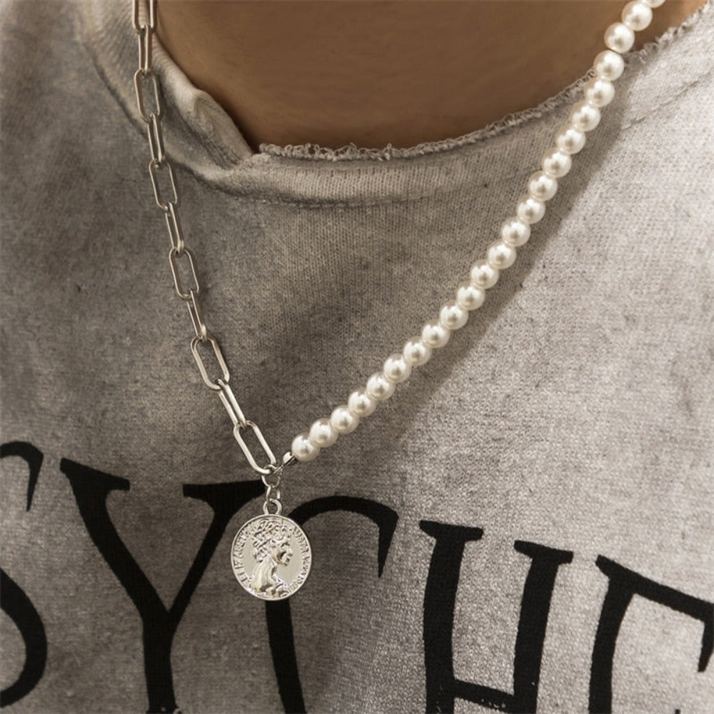 Hip Hop Punk Style Stitching Pearl Necklace