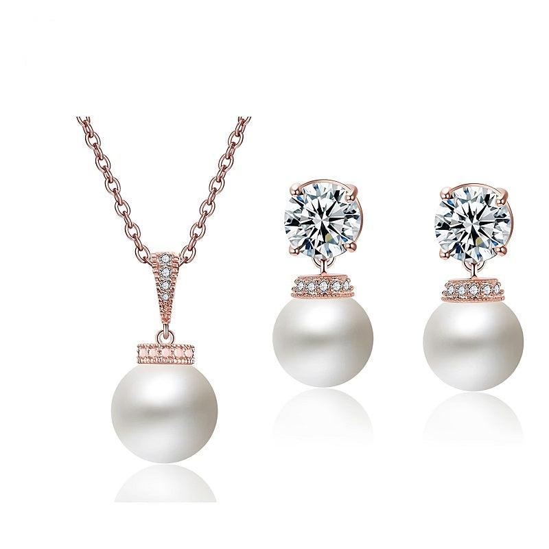 Trendy Round Simulated Pearl Stud Earrings Necklace Set for Women
