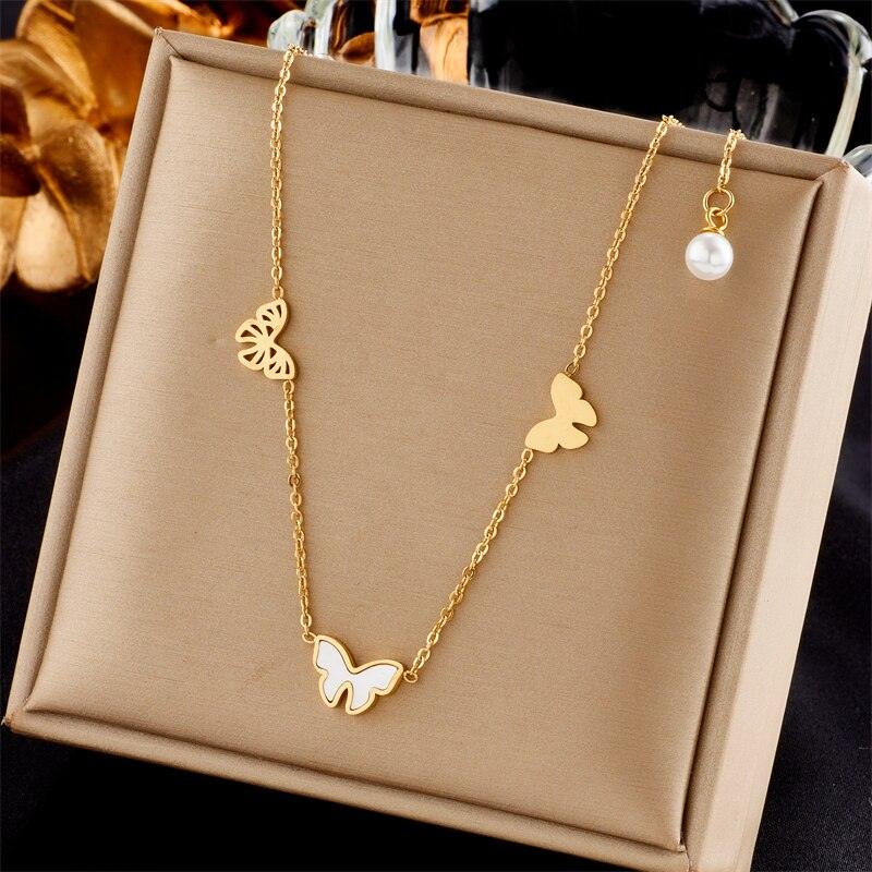 Pearl Butterfly Pendant Chains Necklace For Lovely Girls