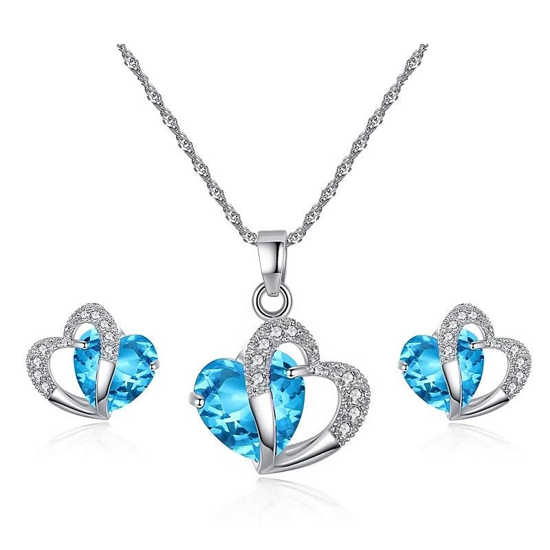 Double Heart Necklace Earring Jewelry Set for Women