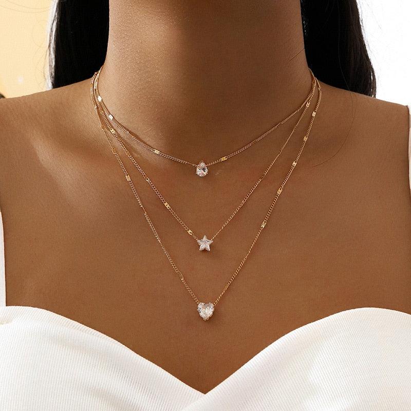 Crystal Heart Star Charm Pendant Necklace Set for Women