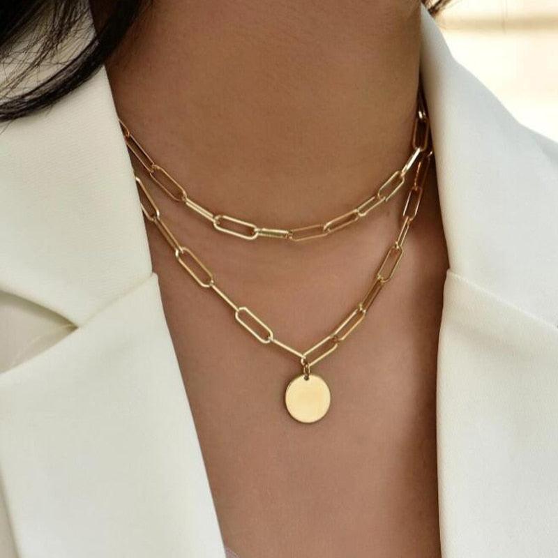 Round Charm Layered Choker Necklaces for Women