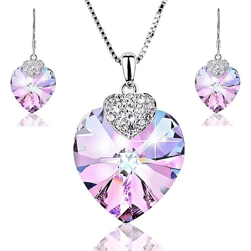 Heart Shape Crystal Necklace Earrings Jewelry Sets for Women