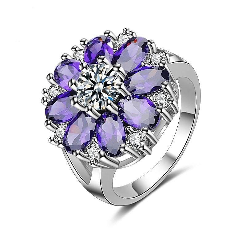 Flower Shape Amethyst Zircon Gemstones Finger Ring for Women